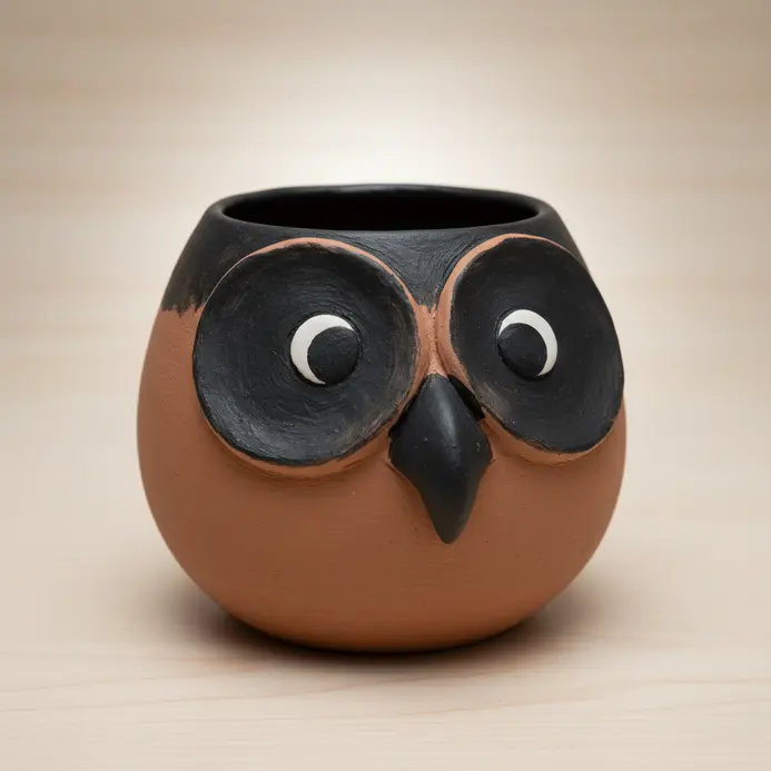 A decorative pinch pot molded and painted to look like a stylized owl.