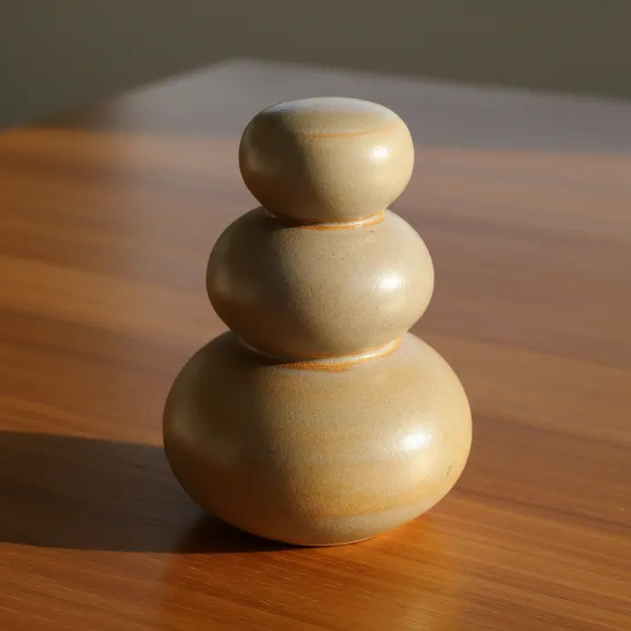 A vertical sculpture formed by stacking several small, pebble-like pinch pots together.