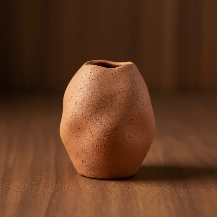 A small, hand-pinched terracotta vase with an organic, earthy texture.