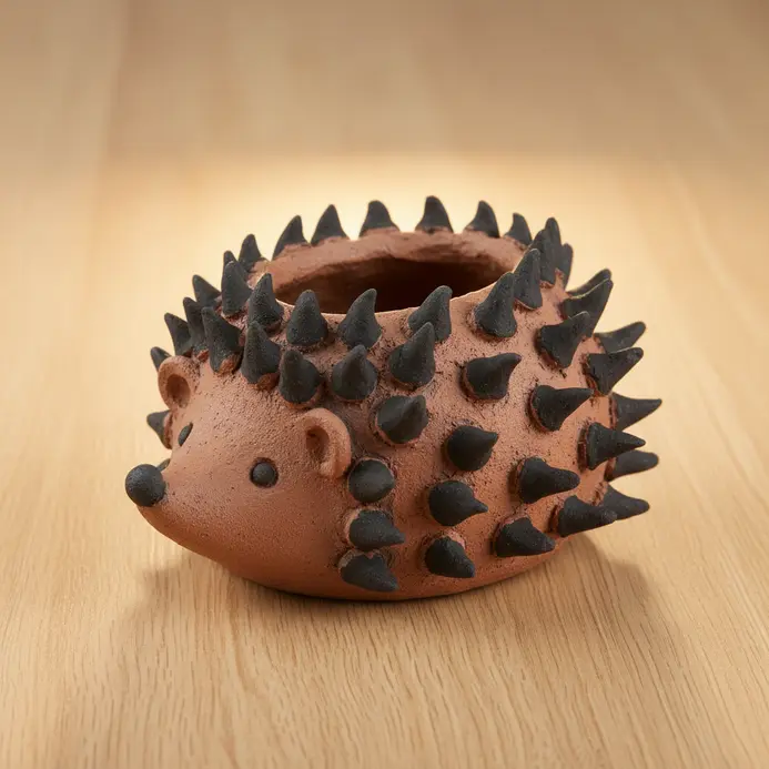 A whimsical pinch pot sculpted and painted to resemble a small hedgehog.