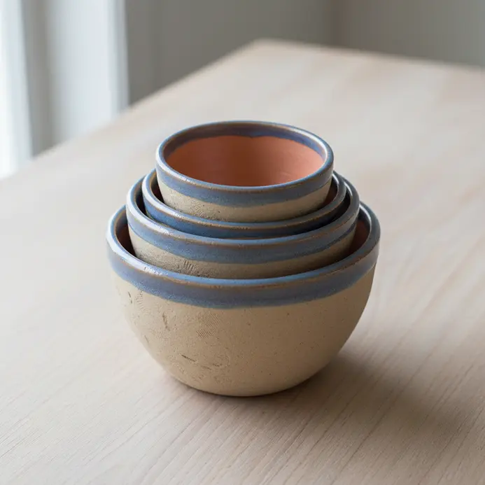 A set of three handmade clay pots in graduating sizes designed to fit inside one another.