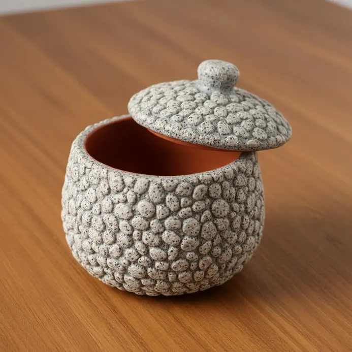 A small, lidded clay pot with a rough, pebble-like surface texture.