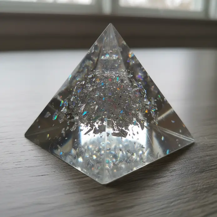A solid geometric pyramid paperweight made from clear resin, with fragmented holographic film creating rainbow reflections inside.