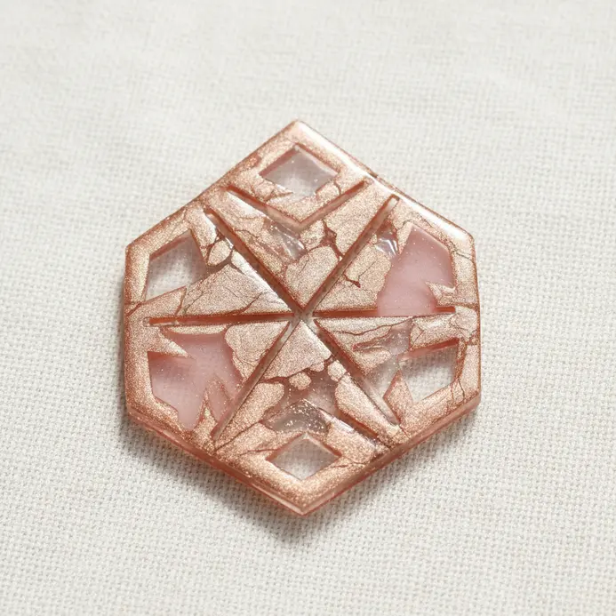 A sharp-edged triangular resin pendant filled with a translucent pink hue and shimmering rose gold mica powder.