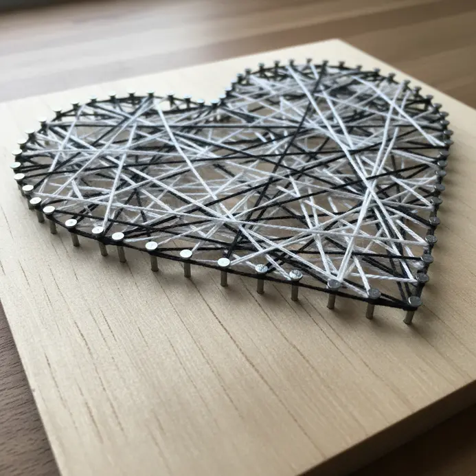A black and white heart shape created with string art on a wooden board.