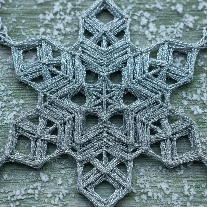 A detailed, symmetrical snowflake pattern made with metallic silver string.