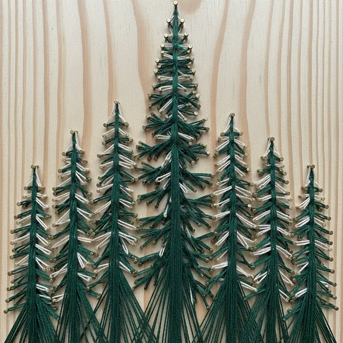 A forest of pine tree silhouettes made with dark green string on a light board.