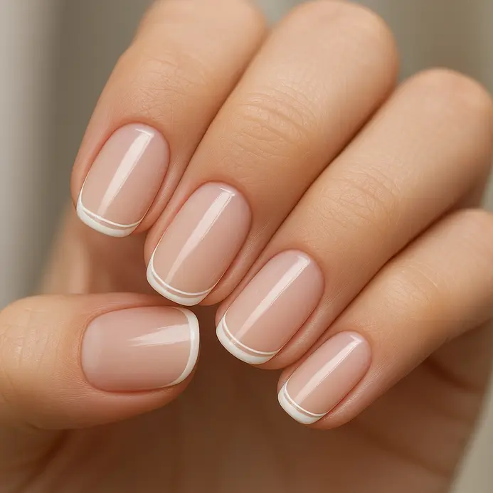 A nude acrylic nail with a crisp, thin white line painted along the free edge.