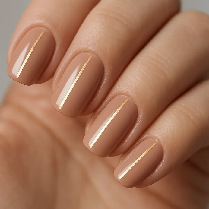 A nude nail with a single thin vertical gold stripe down the center.