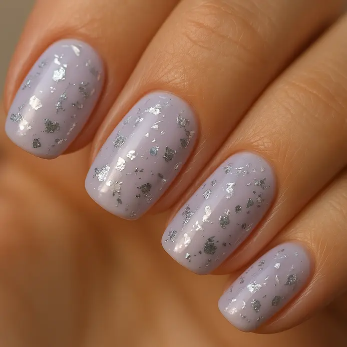 A pale lavender nail with irregular pieces of silver foil scattered across the surface.