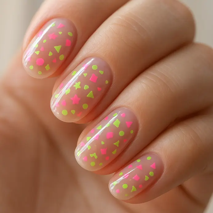 A clear glossy top coat filled with tiny neon pink, green, and yellow glitter pieces.