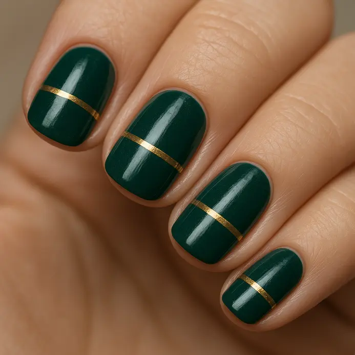 A rich emerald green nail with a single thin gold line painted across the middle.