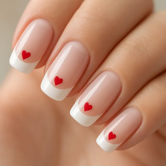A traditional white French tip with one tiny red heart painted on the ring finger.