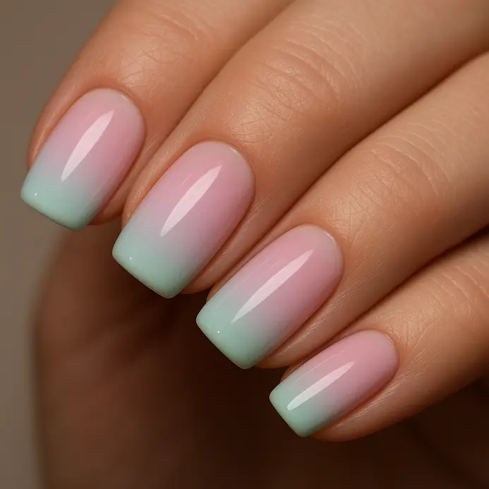 A soft gradient blending from pale pink to lavender on a long acrylic nail.