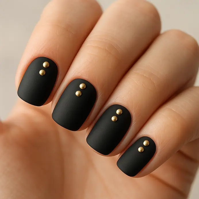 A flat matte black nail with three tiny gold studs placed near the cuticle.