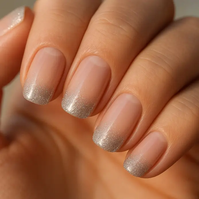 A translucent pink nail with a concentrated line of fine silver glitter at the tip.