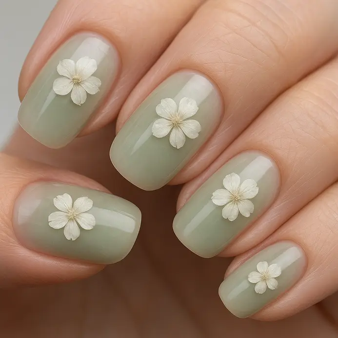 A transparent acrylic nail with a small pressed daisy embedded near the smile line.