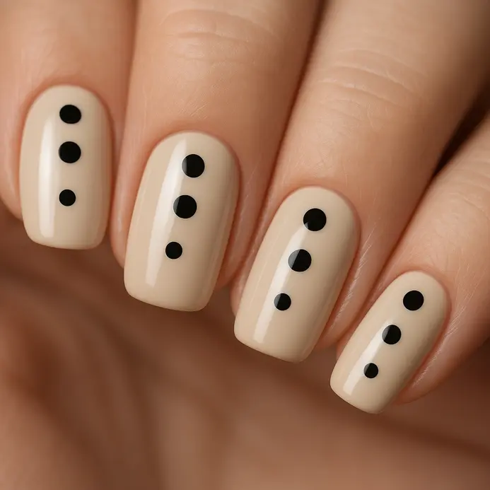 A light beige nail with three neat black dots of varying sizes.