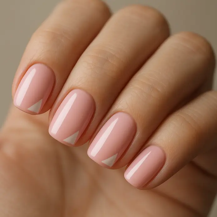 A soft pink acrylic nail with a single white triangle painted at the corner.