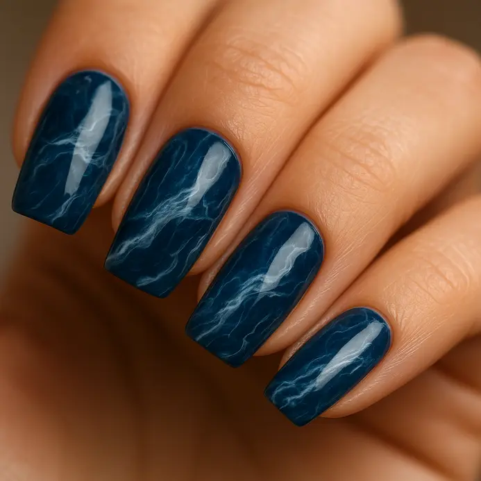 Swirling veins of white in a deep blue base, creating a marble effect.