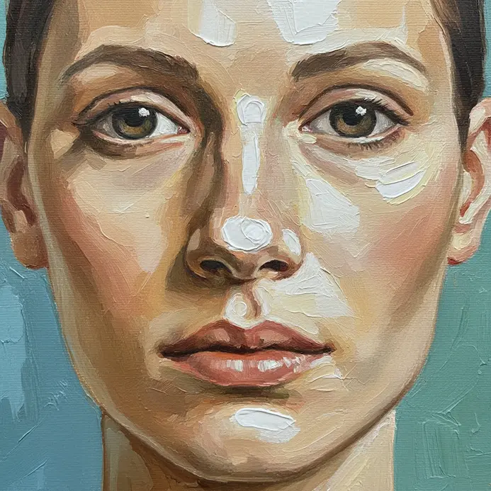 Tiny dots of very light paint are added to the tip of the nose, cheekbones, and chin.