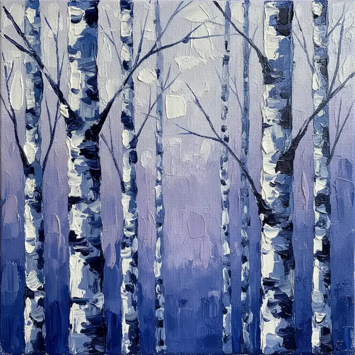 A minimalist painting of white birch tree trunks with subtle black markings on a dark blue and purple background.