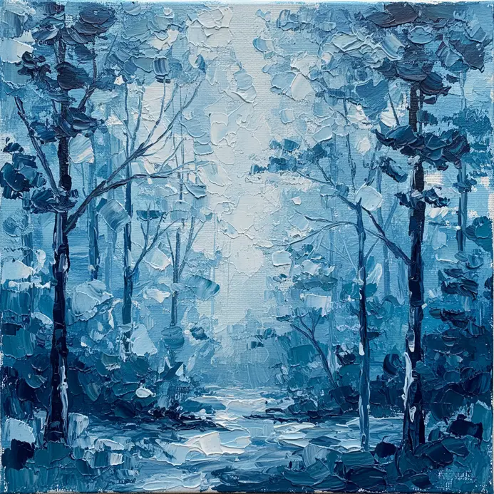 A serene monochromatic forest scene where distant pine trees are painted in shades of light blue, navy, and teal.