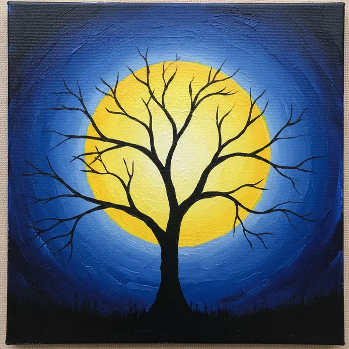 A stark silhouette of a leafless tree with a large, glowing yellow moon visible through its intricate network of branches.