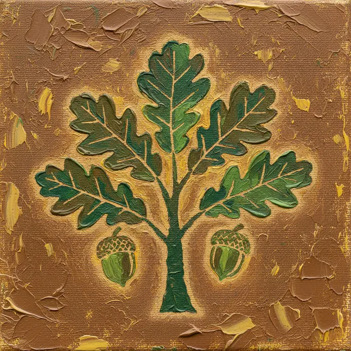 A stylized oak tree painting where clusters of acorns are added around the base using a simple hand-cut stencil.
