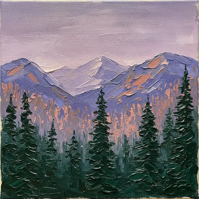 A landscape with layers of dark green pine tree silhouettes receding into the distance in front of purple mountain peaks.