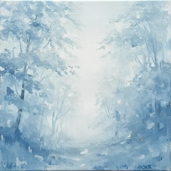 A smooth-barked beech tree with a pale trunk, partially obscured by a hazy, misty background of blended white and blue paint.