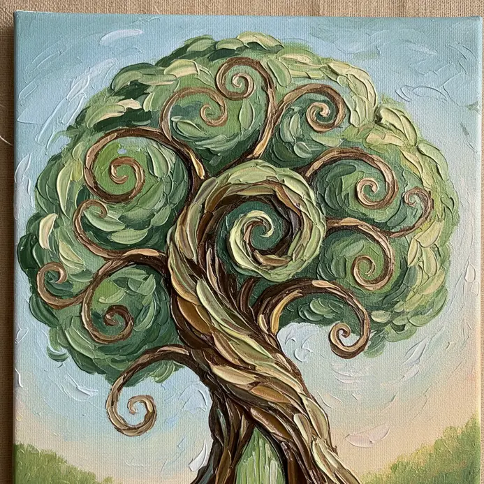 A whimsical, fairy-tale style tree with a twisting spiral trunk and a perfectly round, fluffy green canopy.