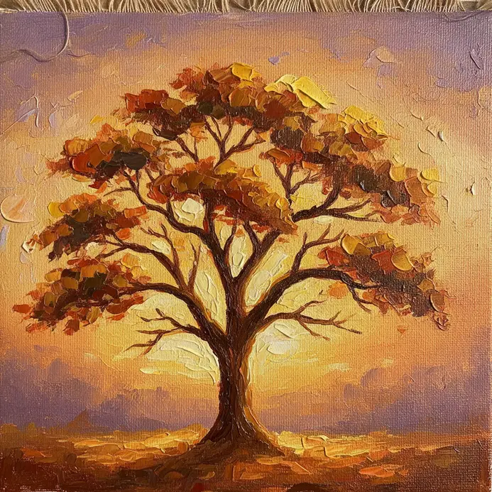 A detailed oak tree with a sprawling canopy painted in warm yellow and orange light against a soft purple and pink sky.