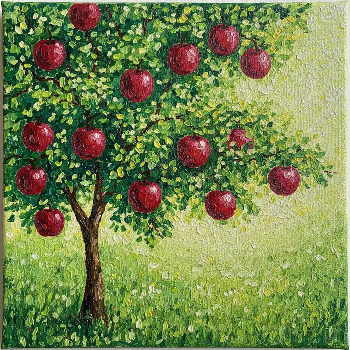 A lush apple tree with a textured green canopy made from countless small dots of acrylic paint.