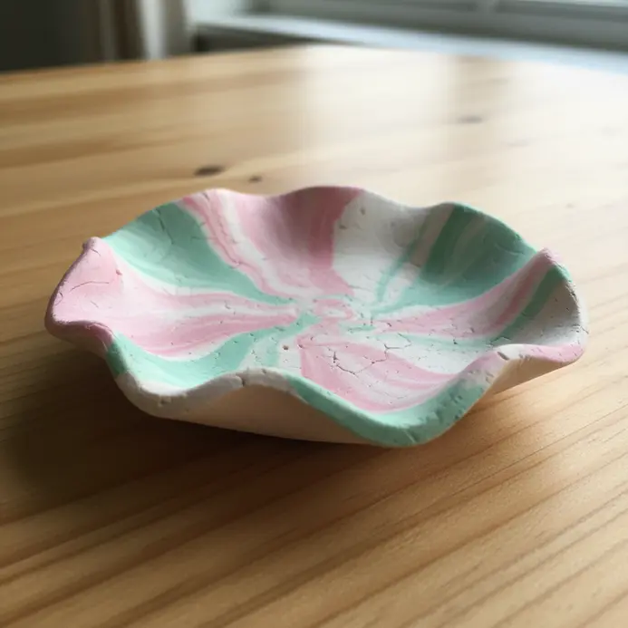 A small, round air dry clay dish with an irregular, hand-formed wavy rim.