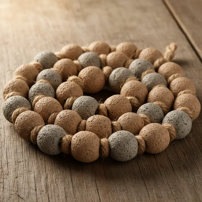 A garland of uneven, rustic air dry clay beads strung together with natural twine.