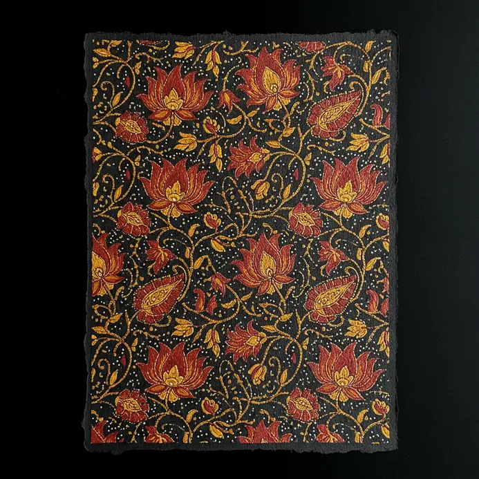 A complex illustration of interwoven flowers and leaves in the traditional Kalamkari style, drawn with a fine liner pen.