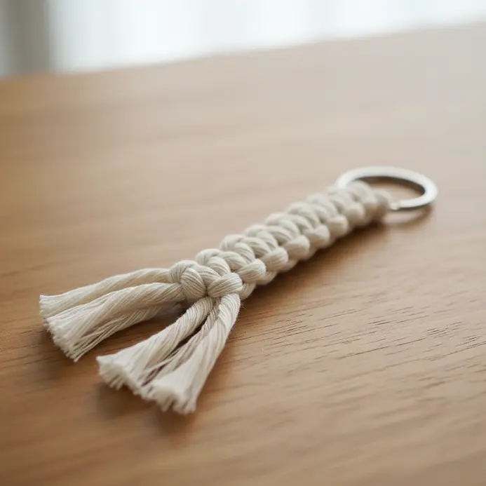 A minimalist key chain made with natural cotton cord and basic square knots.