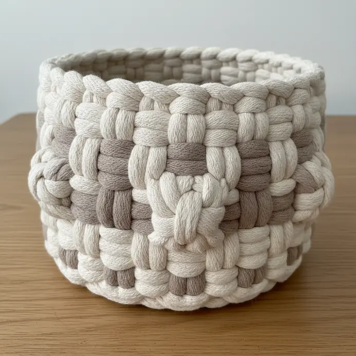 A chunky storage basket made with thick cotton cord and large square knots.