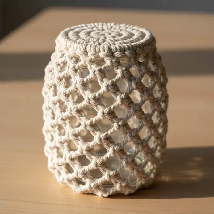 A glass jar covered with a macrame sleeve made from a continuous spiral knot.