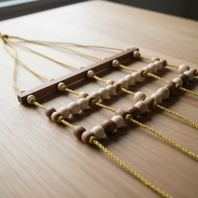 A decorative window hanging combining natural cotton cord and various wooden beads.
