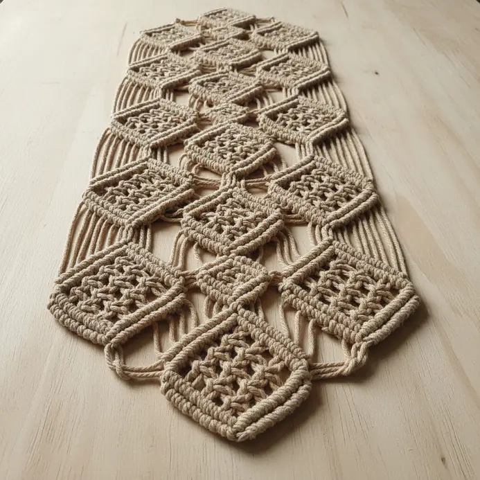 A single-layer table runner with a clean, geometric knot pattern in neutral cord.