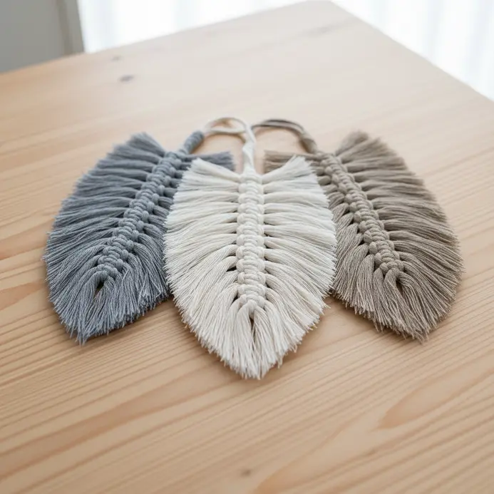 A piece of wall decor shaped like a feather, created with tapered half-hitch knots.