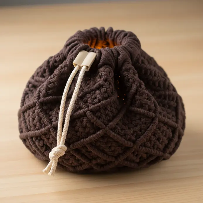 A decorative pouch with a drawstring closure, made with nested square knot patterns.