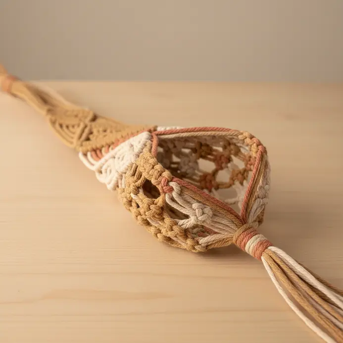 A tapered plant hanger made with beige cotton cord, holding a small terracotta pot.