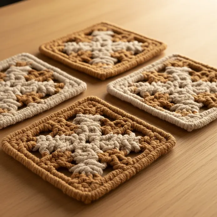 A set of geometric coasters made with tan cotton cord using square knots.