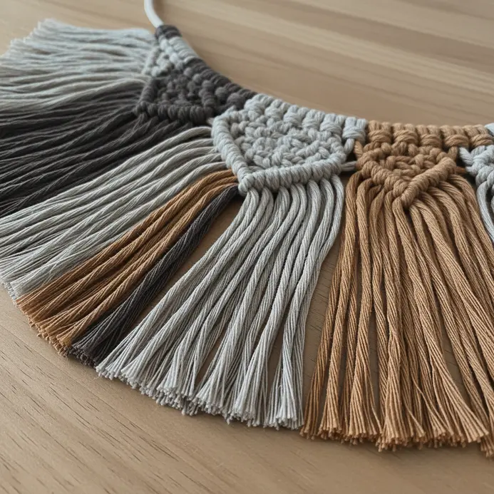 A textured wall banner featuring long, soft fringe and simple half-hitch knots.