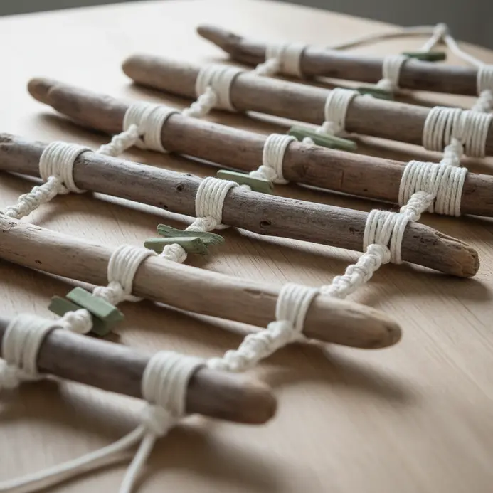 A natural mobile made with a piece of driftwood wrapped in cream-colored macrame cord.