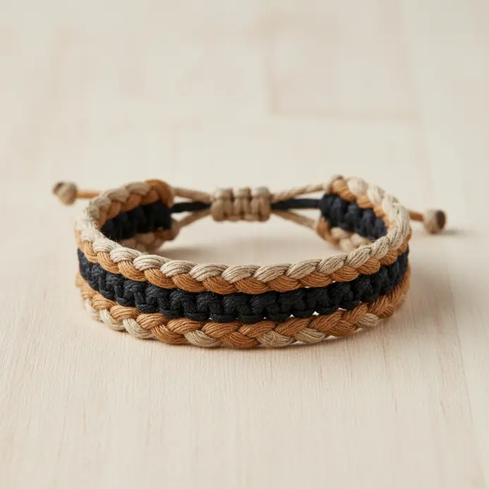 A simple bracelet made by braiding three strands of thin cotton cord.
