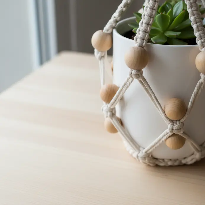 A macrame plant holder featuring natural wooden beads spaced along the cords.